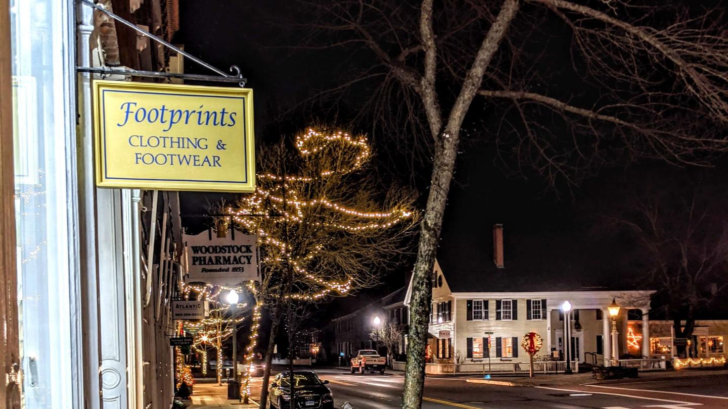 Village shop with holiday lights