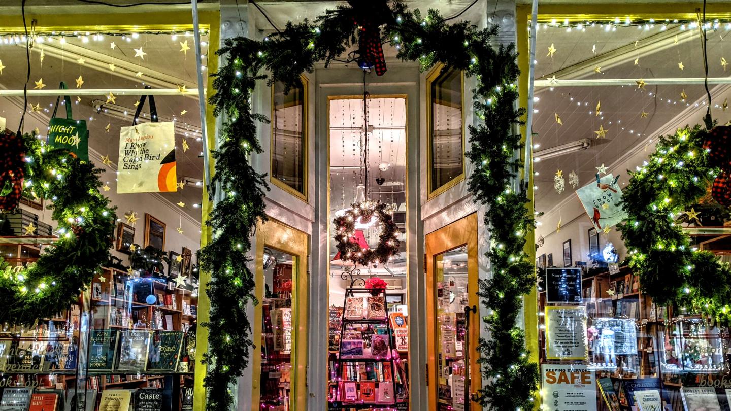 Village shop decorated for the holidays